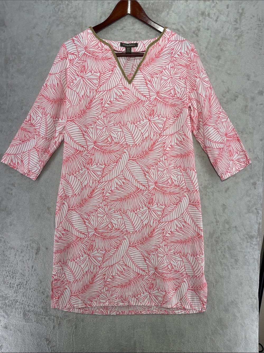 Tommy Bahamas 100% Linen Palm Print Shift Dress w/Embellished Neckline Size S